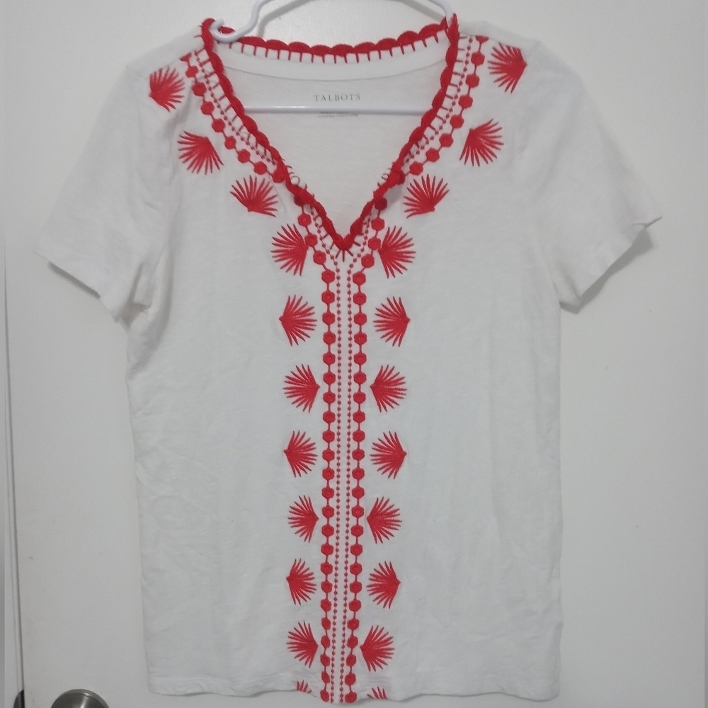 NEW Talbots Pullover Crocheted Floral "SUNBURST" 100% COTTON V NECK BLOUSE SMALL